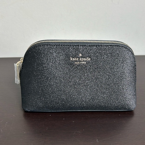 Kate Spade New York Shimmy Glitter Fabric Small Cosmetic Case in black NEW - Picture 1 of 11